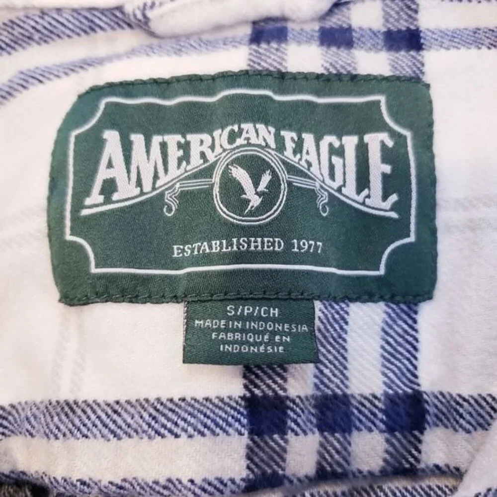 American Eagle White & Blue Plaid Flannel Button Down Shirt Men's Size Small